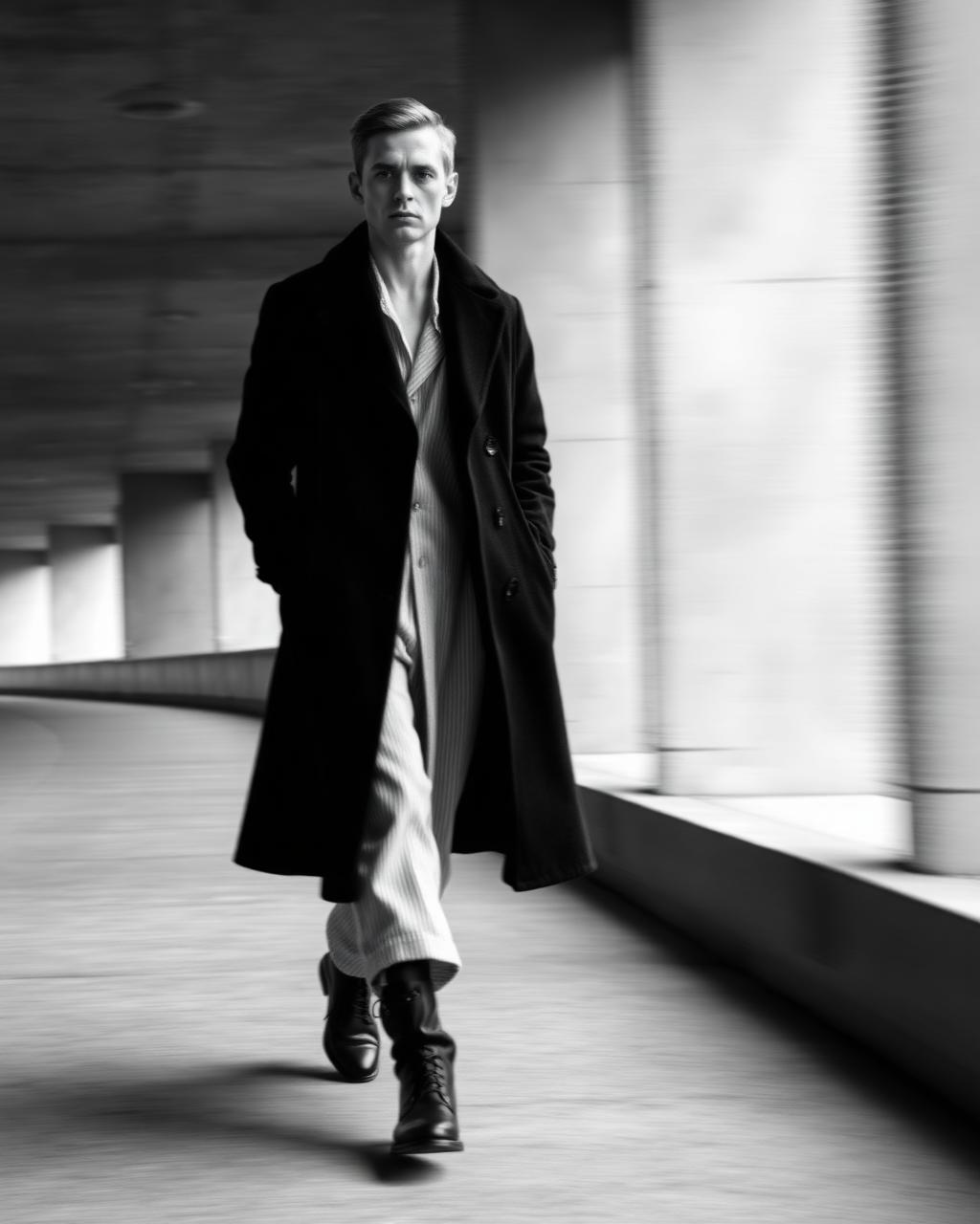 Modelo em sobretudo longo preto caminhando, motion blur
