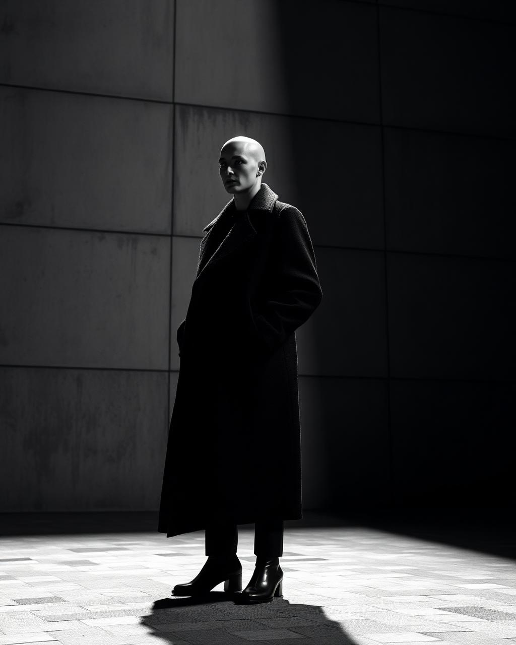 Sobretudo preto longo, editorial cinematográfico
